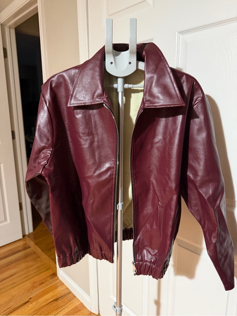 Burgundy Vegan Leather Bomber Jacket
